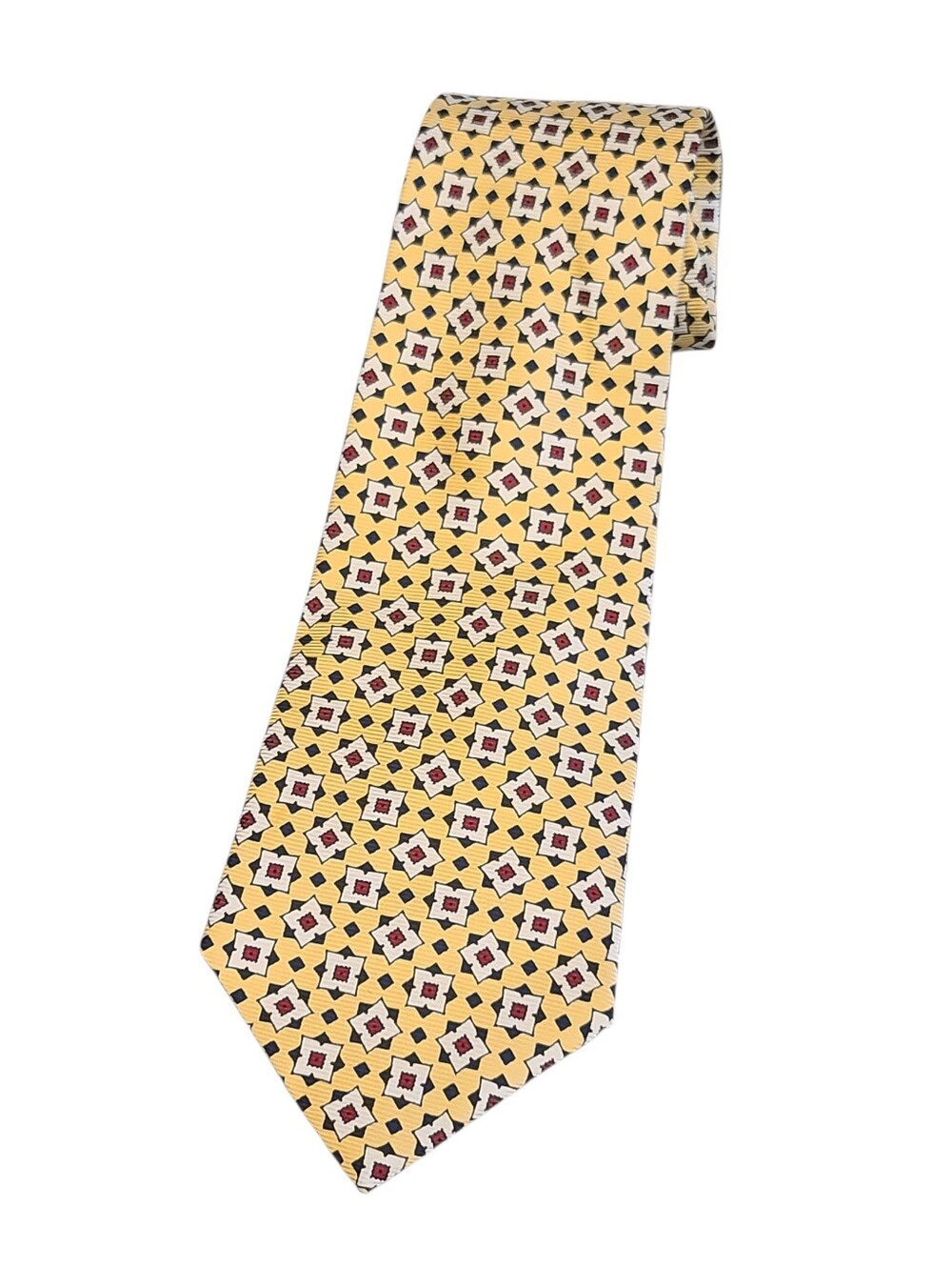 Polo Ralph Lauren Men’s Silk Tie Yellow Repp Neat Geometric Diamond Handmade